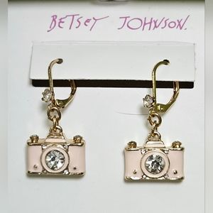 Betsey Johnson Camera Jewelry Enamel Pink Gold Tone With Rhinestone Earrings